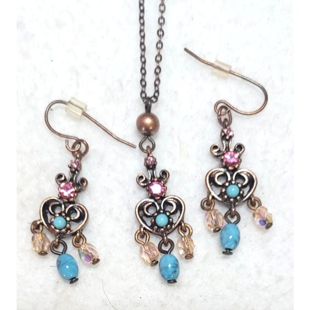 Boho Copper Pink Turquoise Bead Filigree Necklace Dangle Earrings Set Dainty